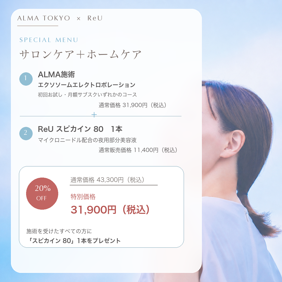 サロンケア＋ホームケアの特別メニュー。エクソソームエレクトロポレーションとReUスピカイン80のセットが20%オフの特別価格31,900円（税込）